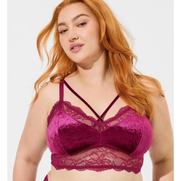 1X Torrid Velvet Bralette Torrid Pink Wine Unlined Wirefree Bra Top 14W 16W NEW - Picture 2 of 12